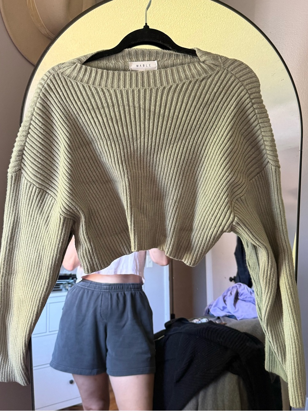 MARBLE Olive Green Ribbed Cropped Crewneck Sweater